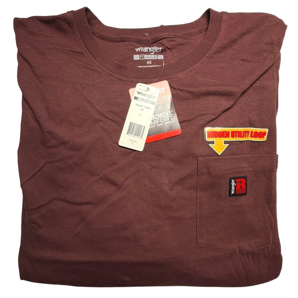 Wrangler Riggs Workwear Shirt Mens 4X Burgundy Long Sleeve Pocket Utility Tee